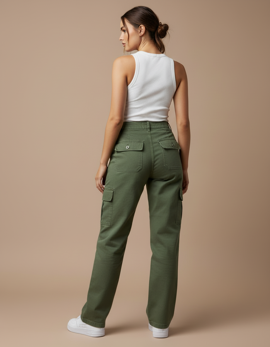 Pantalon Cargo Vert Kaki Droit Ample Multipoches Femme - Toile - vue 2