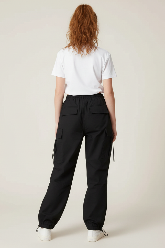 Pantalon Cargo Noir Ample Cordon Décontracté - Polyester - vue 2