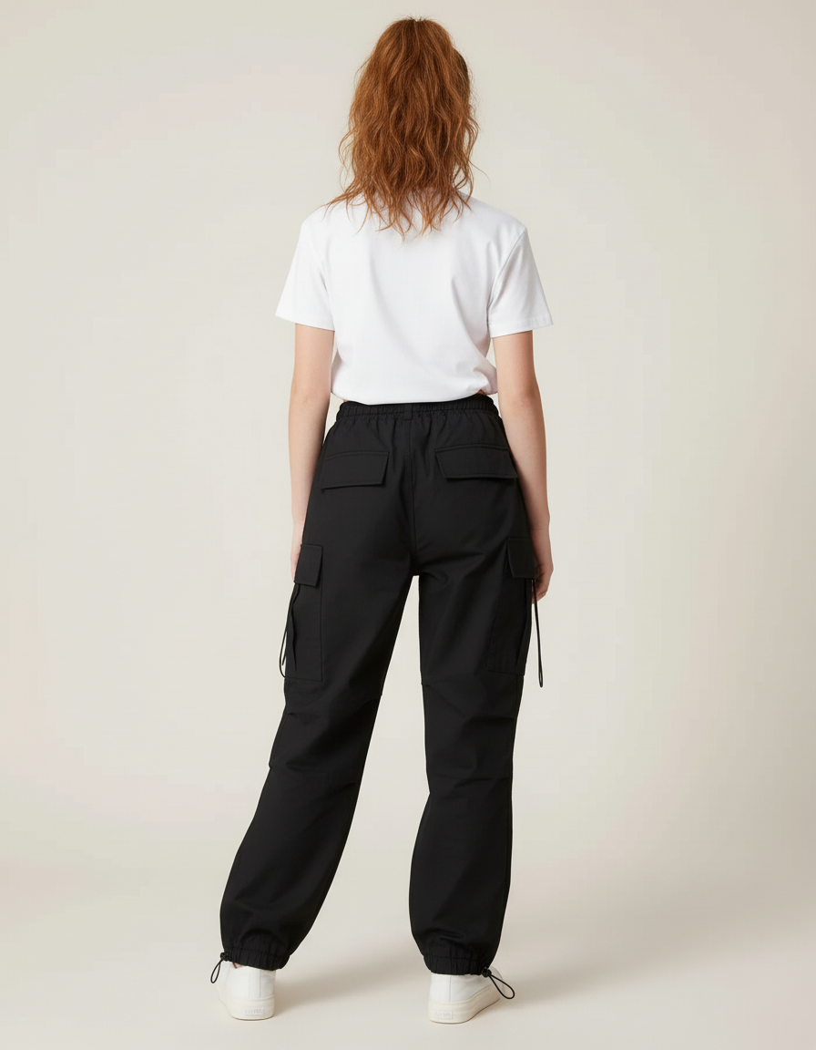 Pantalon Cargo Noir Ample Cordon Décontracté - Polyester - vue 2