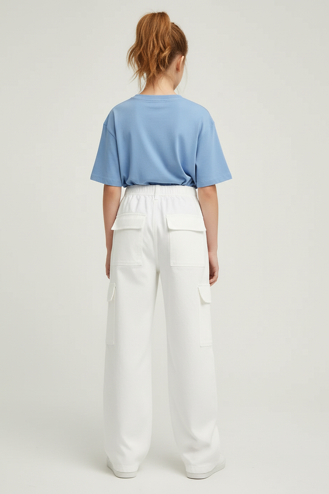 Pantalon Cargo Blanc Ample Multipoches Décontracté Fille - Toile - vue 2