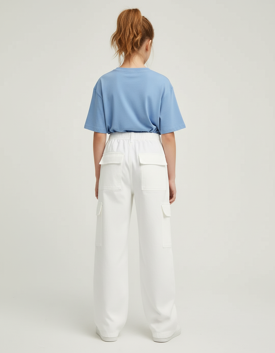 Pantalon Cargo Blanc Ample Multipoches Décontracté Fille - Toile - vue 2