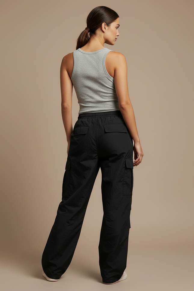 Pantalon Cargo Noir Ample Fluide Décontracté Femme - Polyester - vue 2