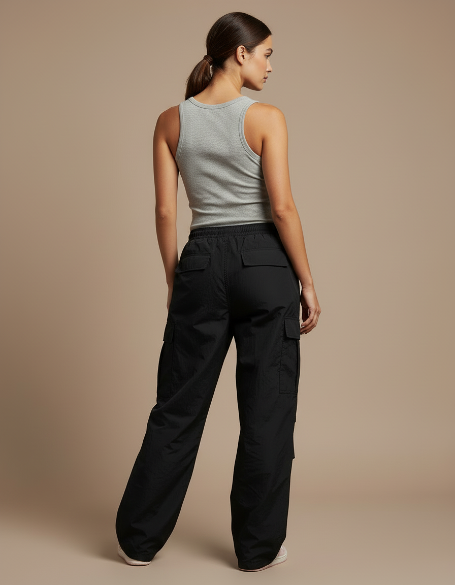 Pantalon Cargo Noir Ample Fluide Décontracté Femme - Polyester - vue 2