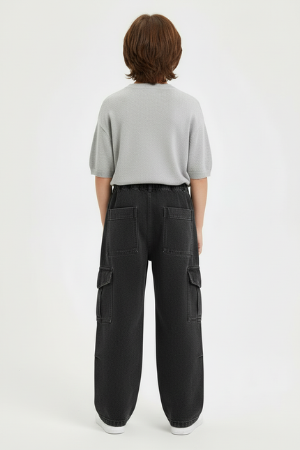 Pantalon Cargo Jean Noir Ample Multipoches Enfant - vue 2