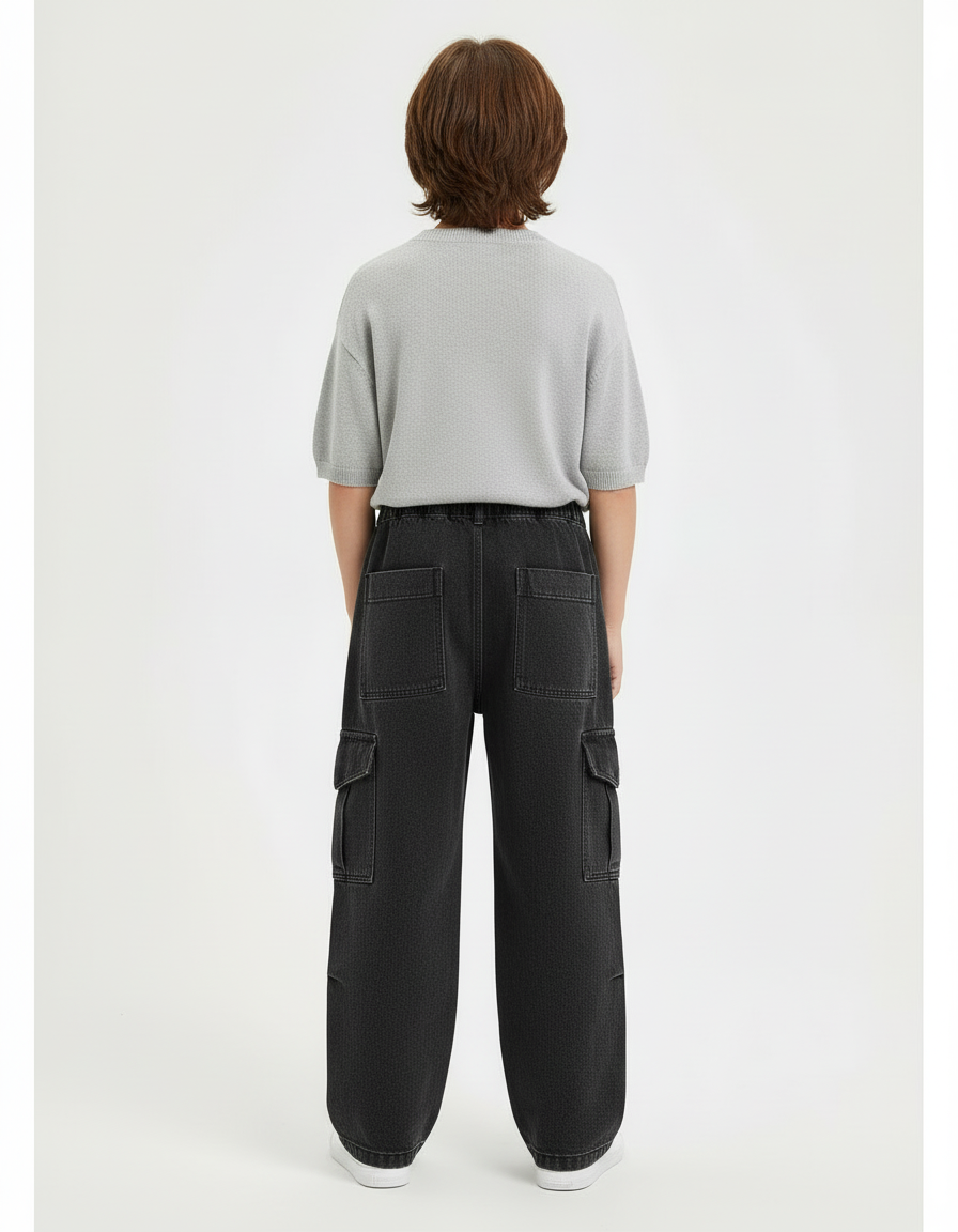 Pantalon Cargo Jean Noir Ample Multipoches Enfant - vue 2