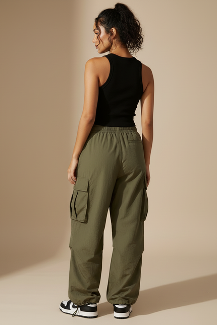 Pantalon Cargo Vert Militaire Ample Multipoches Décontracté Femme - Kaki Polyester - vue 2