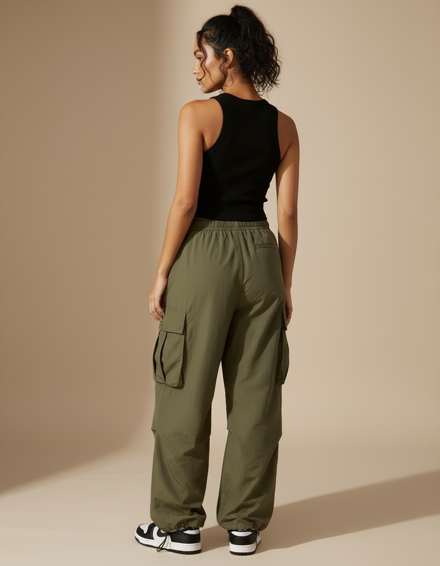 Pantalon Cargo Vert Militaire Ample Multipoches Décontracté Femme - Kaki Polyester - vue 2