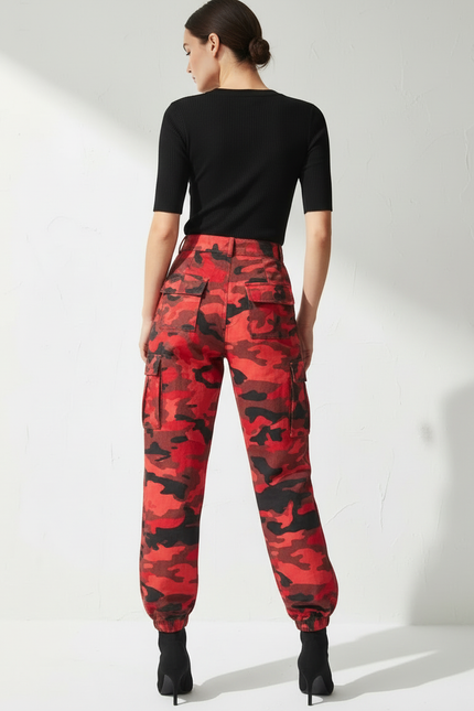 Pantalon Cargo Camouflage Rouge Ample Femme Élastiqué - Toile - vue 2