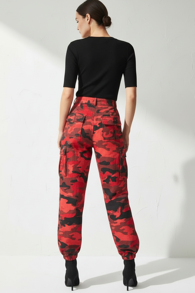 Pantalon Cargo Camouflage Rouge Ample Femme Élastiqué - Toile - vue 2