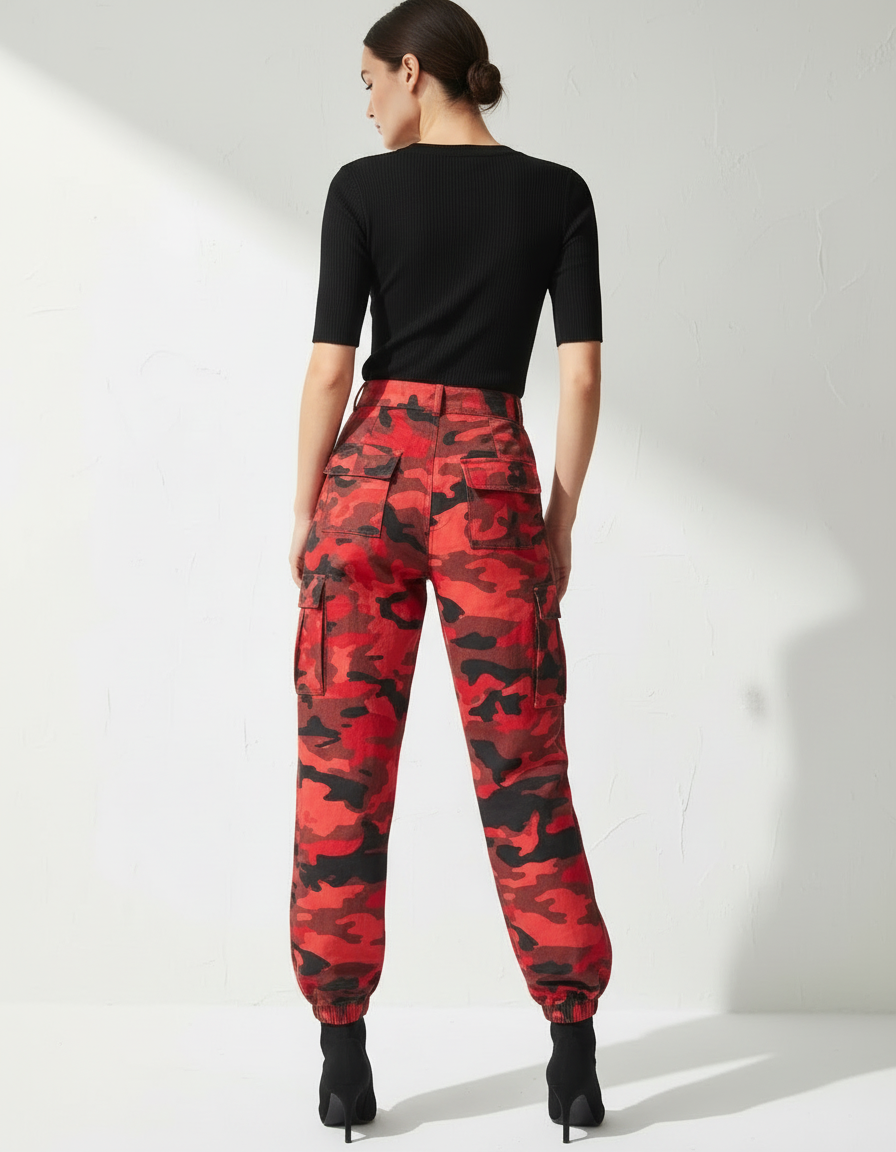 Pantalon Cargo Camouflage Rouge Ample Femme Élastiqué - Toile - vue 2