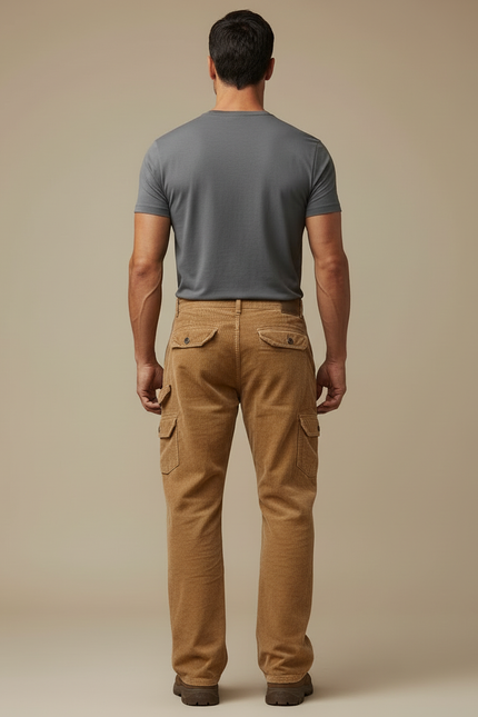 Pantalon Cargo Marron Côtelé Ample Homme - Camel Cordé - vue 2