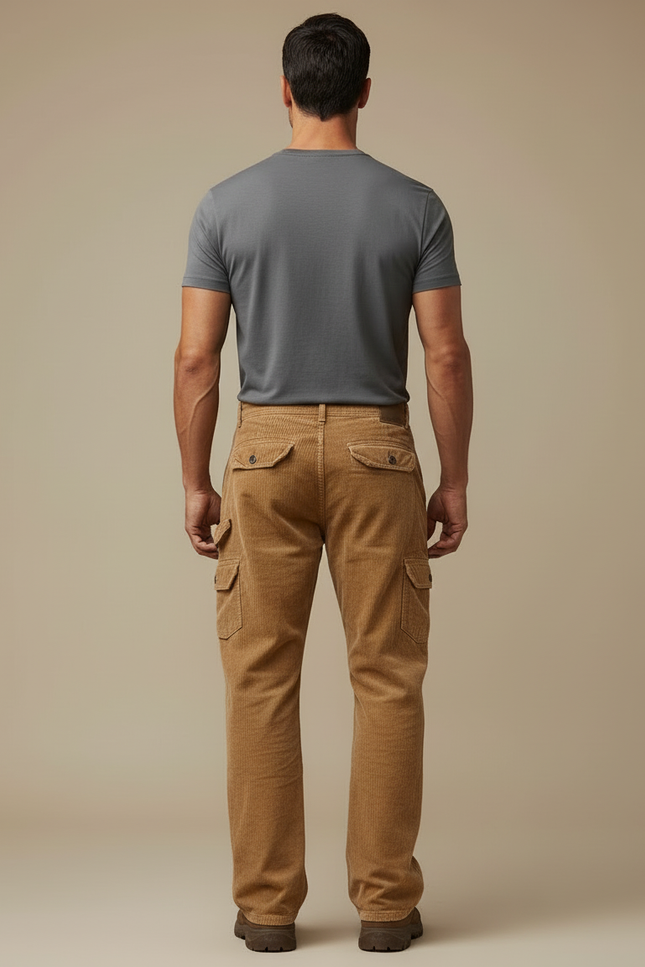 Pantalon Cargo Marron Côtelé Ample Homme - Camel Cordé - vue 2