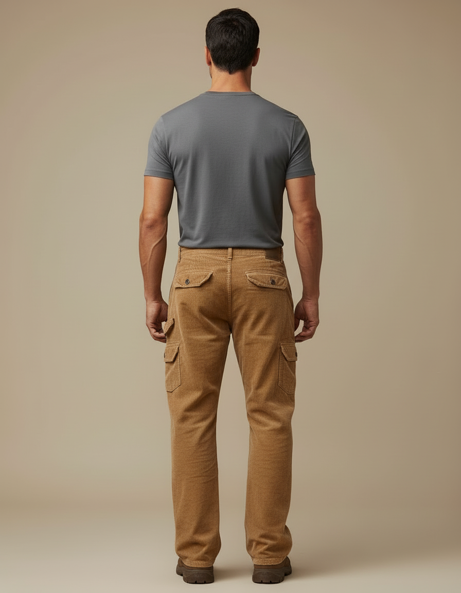 Pantalon Cargo Marron Côtelé Ample Homme - Camel Cordé - vue 2