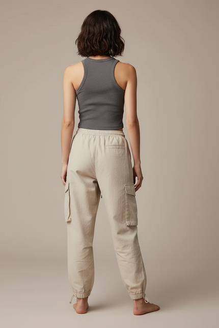 Pantalon Cargo Beige Ample Cordon Taille Élastique - Coton - vue 2