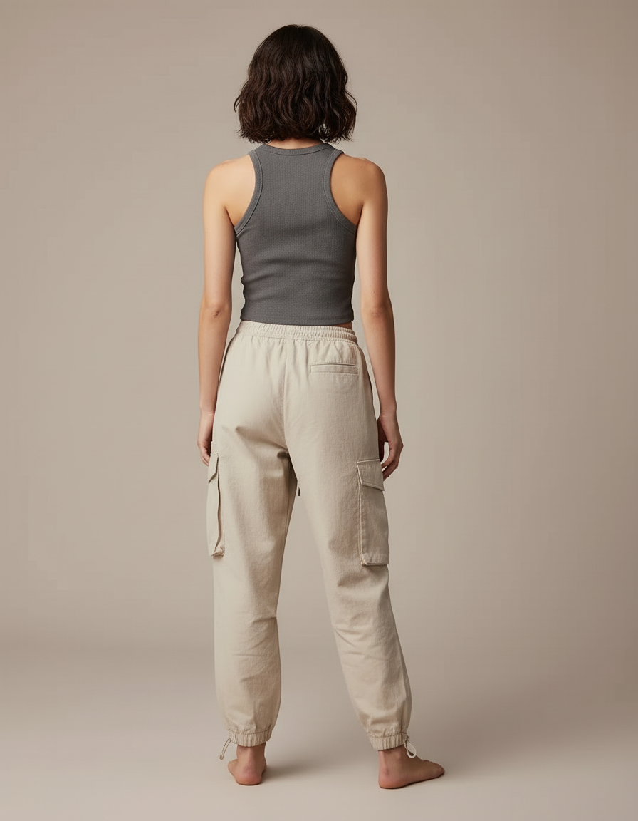 Pantalon Cargo Beige Ample Cordon Taille Élastique - Coton - vue 2