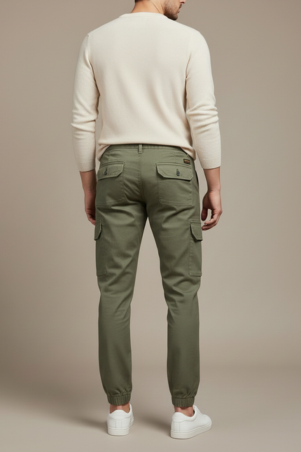 Pantalon Cargo Vert Militaire Coton Multipoches Jogger Homme - Kaki Toile - vue 2