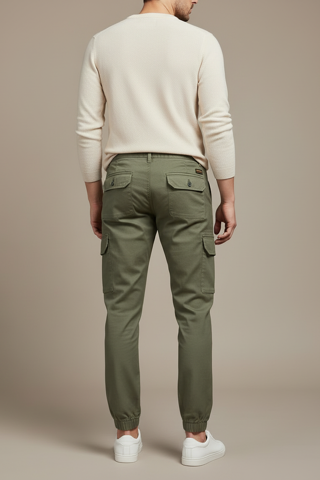 Pantalon Cargo Vert Militaire Coton Multipoches Jogger Homme - Kaki Toile - vue 2