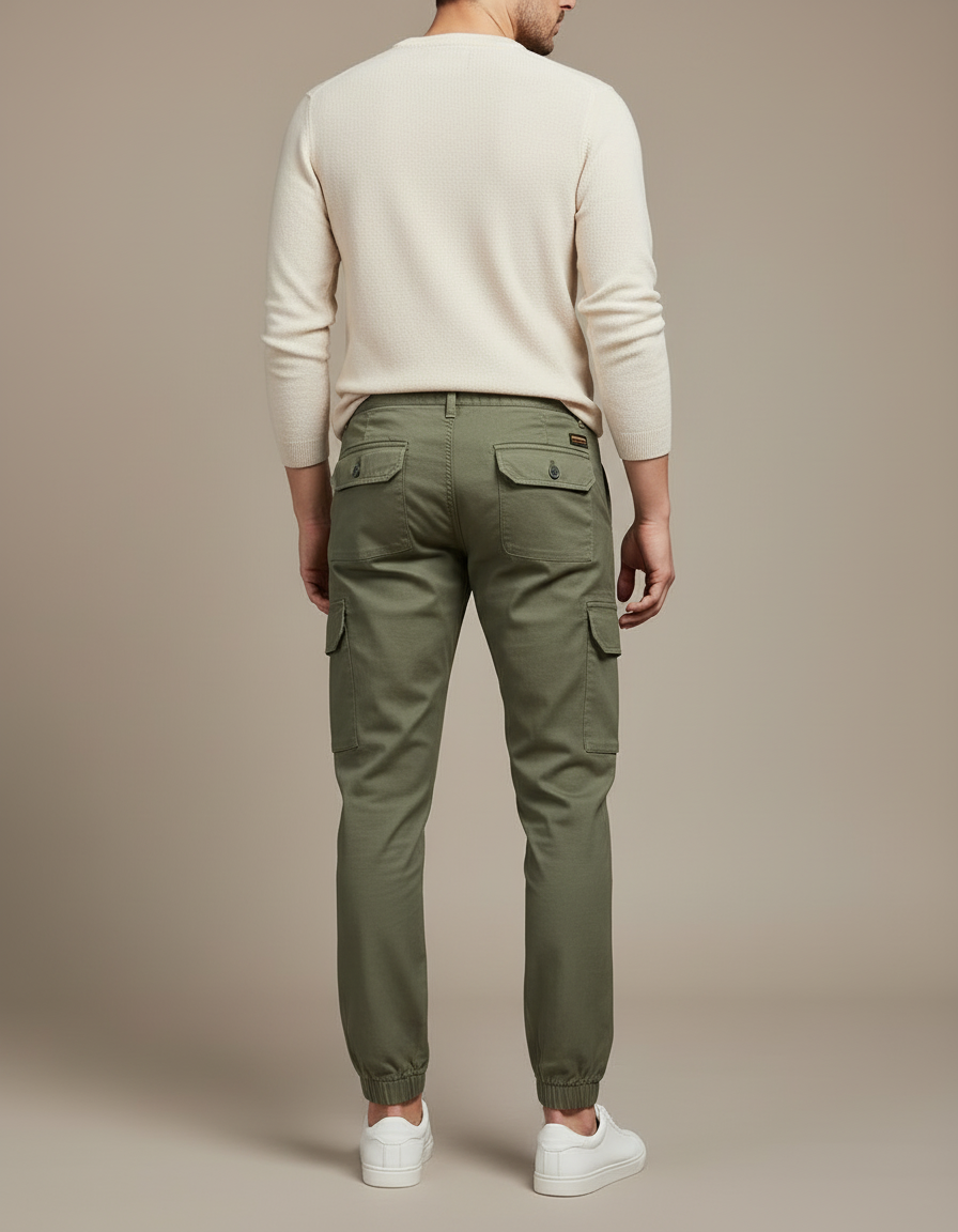 Pantalon Cargo Vert Militaire Coton Multipoches Jogger Homme - Kaki Toile - vue 2