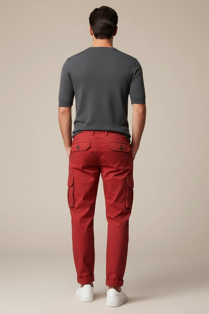 Pantalon Cargo Rouge Coton Multi-Poches Homme Décontracté - vue 2