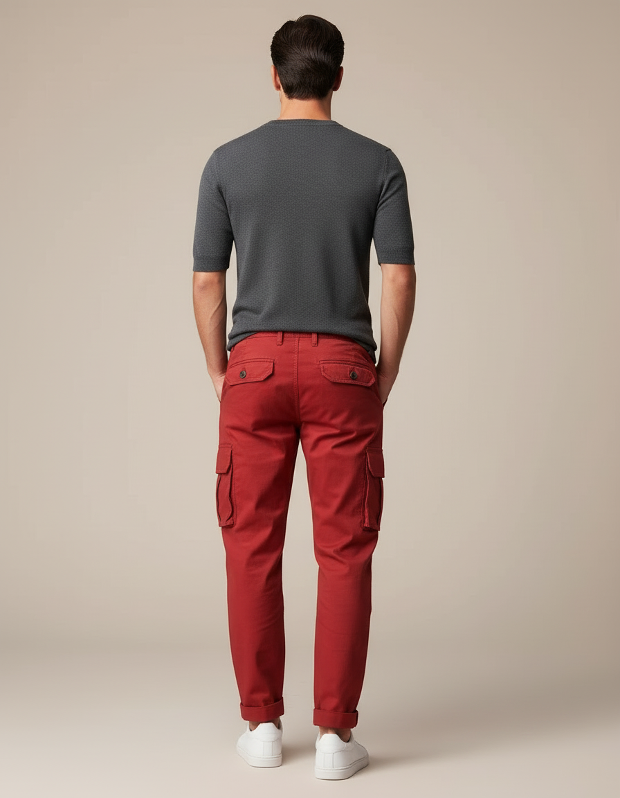 Pantalon Cargo Rouge Coton Multi-Poches Homme Décontracté - vue 2