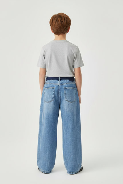 Pantalon Cargo Denim Ample Poches Blanches Garçon - Bleu Jean - vue 2