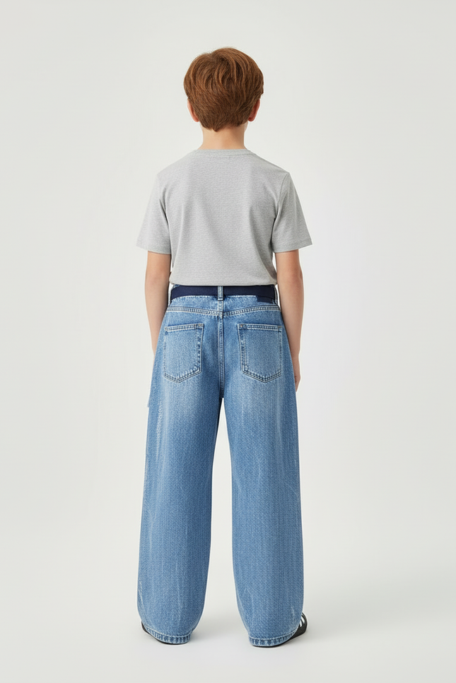 Pantalon Cargo Denim Ample Poches Blanches Garçon - Bleu Jean - vue 2