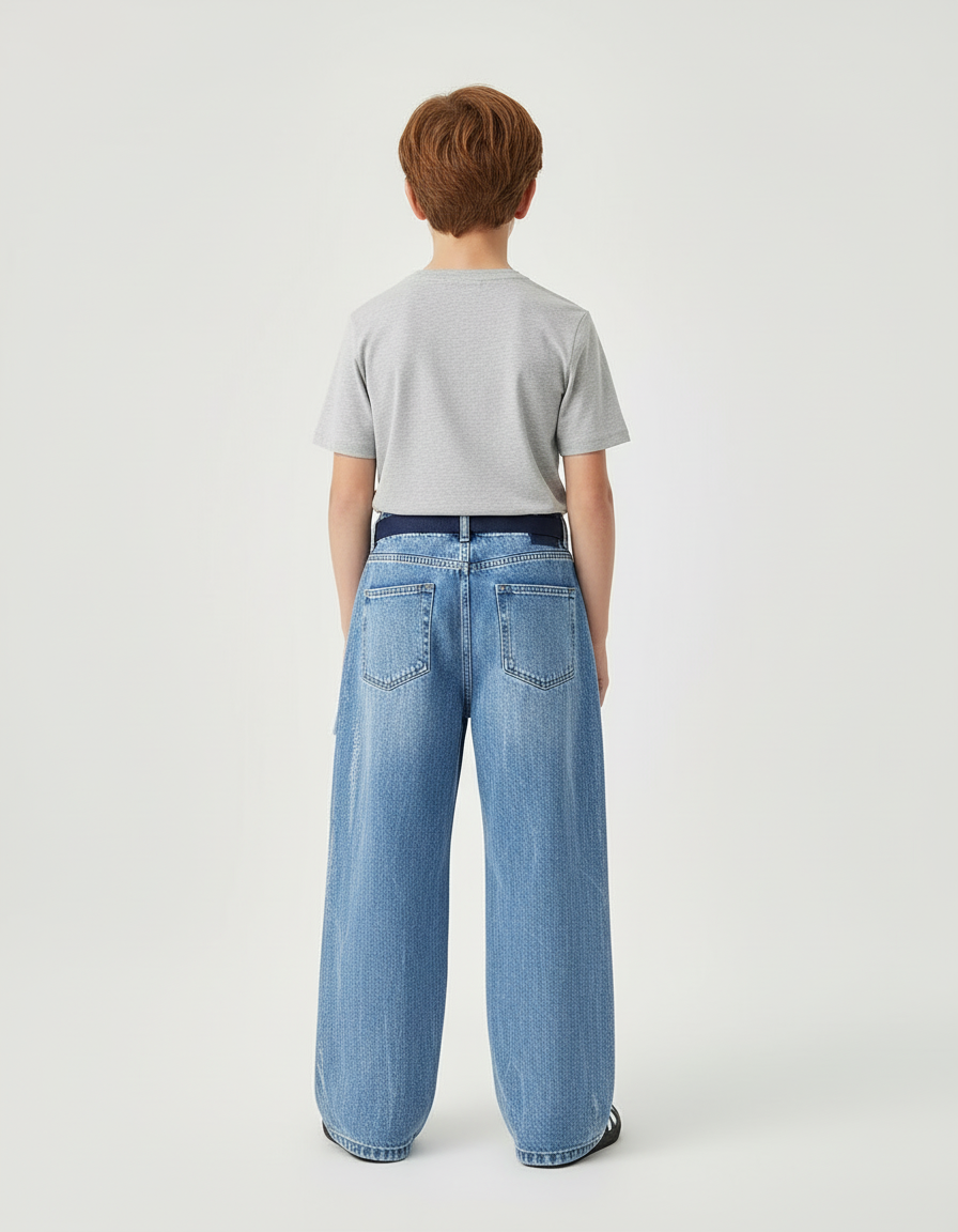 Pantalon Cargo Denim Ample Poches Blanches Garçon - Bleu Jean - vue 2