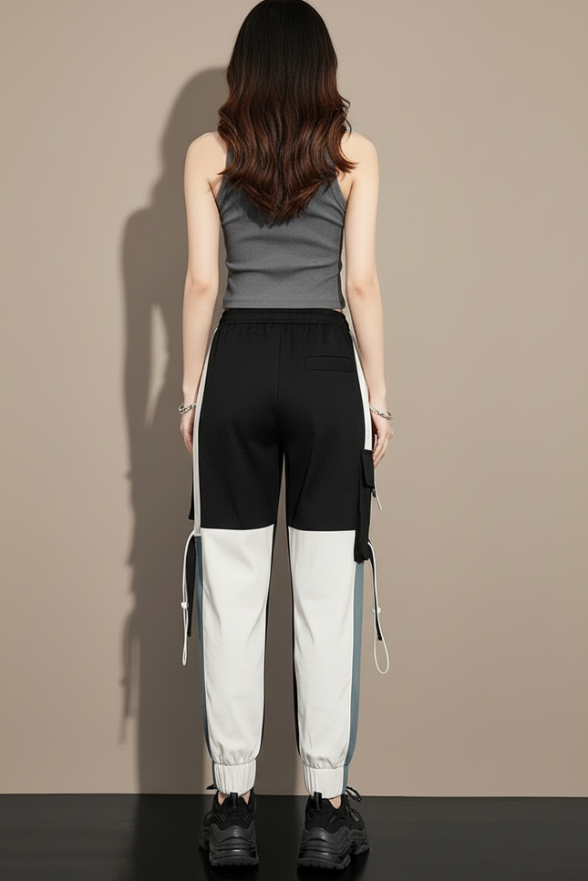 Pantalon Cargo Bicolore Ample Décontracté Multipoches Femme - Multicolore Toile - vue 2