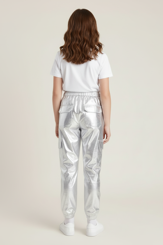 Pantalon Cargo Métallisé Argenté Brillant Fille - Simili cuir - vue 2