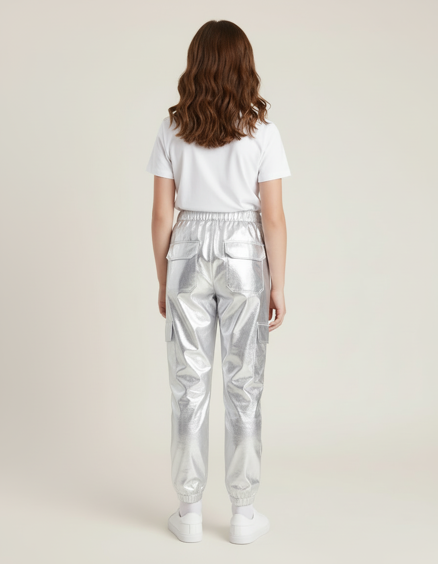 Pantalon Cargo Métallisé Argenté Brillant Fille - Simili cuir - vue 2