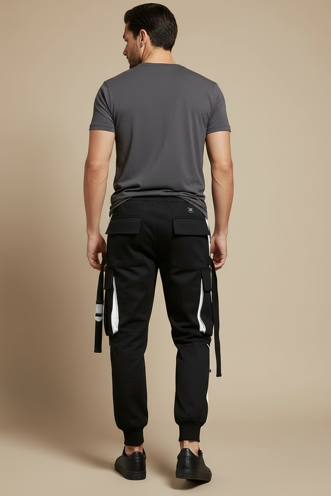 Pantalon Cargo Noir Blanc Bandes Multipoches Streetwear Homme - Toile - vue 2