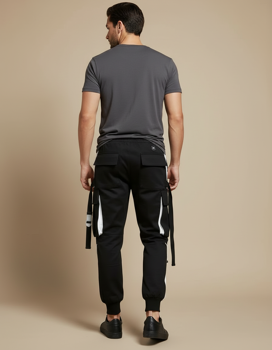 Pantalon Cargo Noir Blanc Bandes Multipoches Streetwear Homme - Toile - vue 2