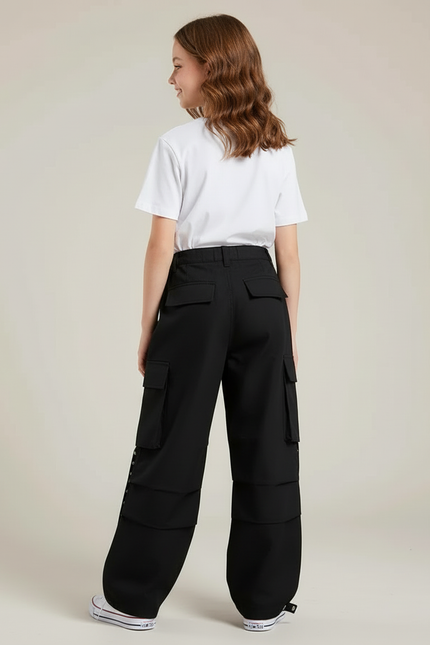 Pantalon Cargo Noir Ample Rivets Fille Streetwear - Toile - vue 2