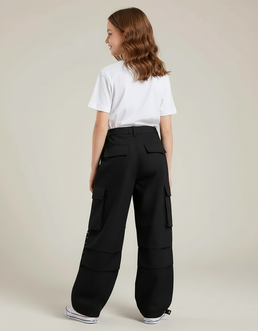 Pantalon Cargo Noir Ample Rivets Fille Streetwear - Toile - vue 2