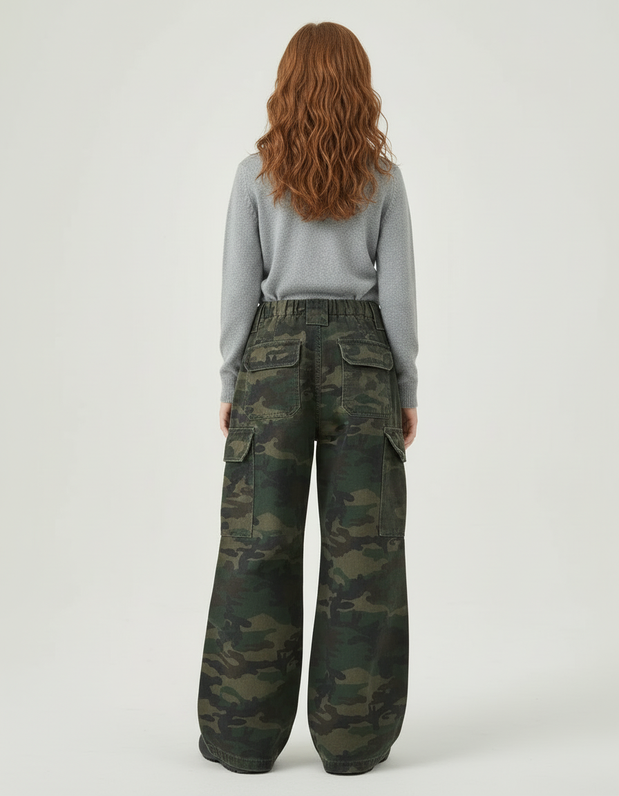 Pantalon Cargo Camouflage Ample Multipoches Coton Fille - Multicolore Toile - vue 2