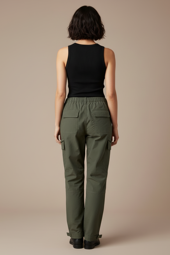 Pantalon Cargo Vert Militaire Ample Décontracté Femme - Kaki Toile - vue 2