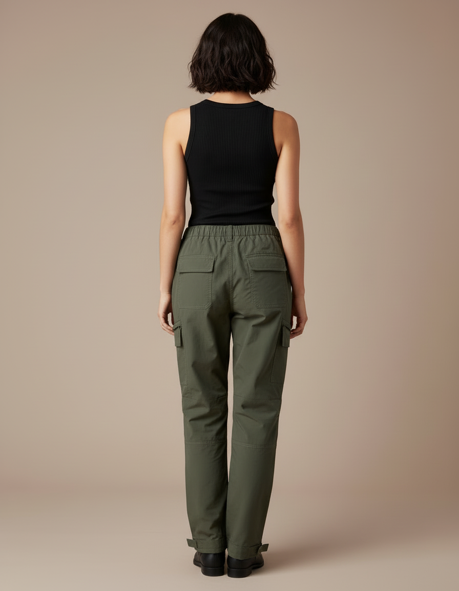 Pantalon Cargo Vert Militaire Ample Décontracté Femme - Kaki Toile - vue 2