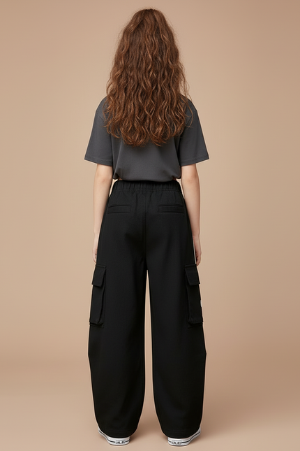 Pantalon Cargo Noir Rayures Blanches Streetwear Fille - Polyester - vue 2