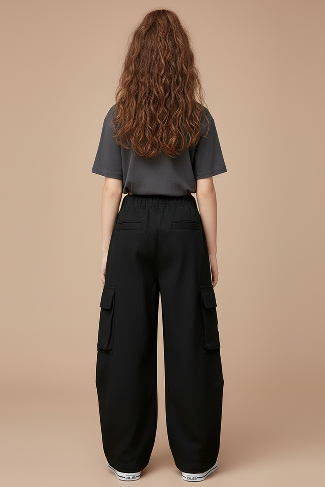 Pantalon Cargo Noir Rayures Blanches Streetwear Fille - Polyester - vue 2