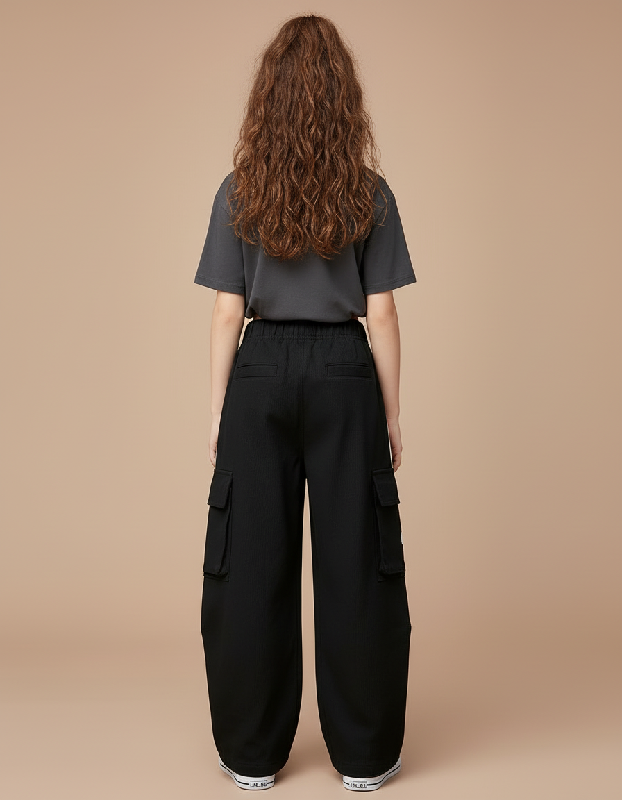 Pantalon Cargo Noir Rayures Blanches Streetwear Fille - Polyester - vue 2