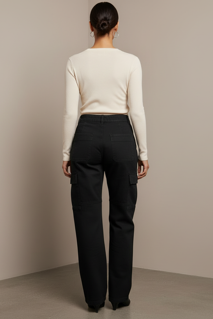 Pantalon Cargo Noir Ample Poches Femme - Gabardine - vue 2