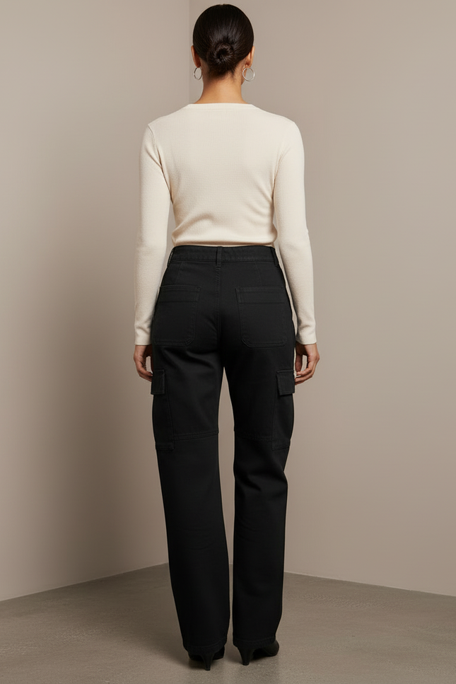 Pantalon Cargo Noir Ample Poches Femme - Gabardine - vue 2