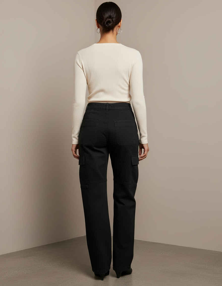 Pantalon Cargo Noir Ample Poches Femme - Gabardine - vue 2