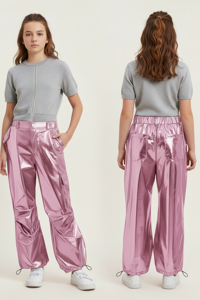 Pantalon Cargo Métallisé Rose Ample Brillant Fille - Polyester - vue 2