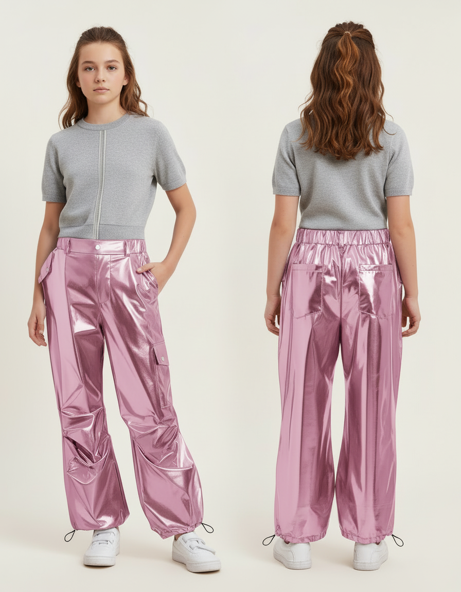 Pantalon Cargo Métallisé Rose Ample Brillant Fille - Polyester - vue 2