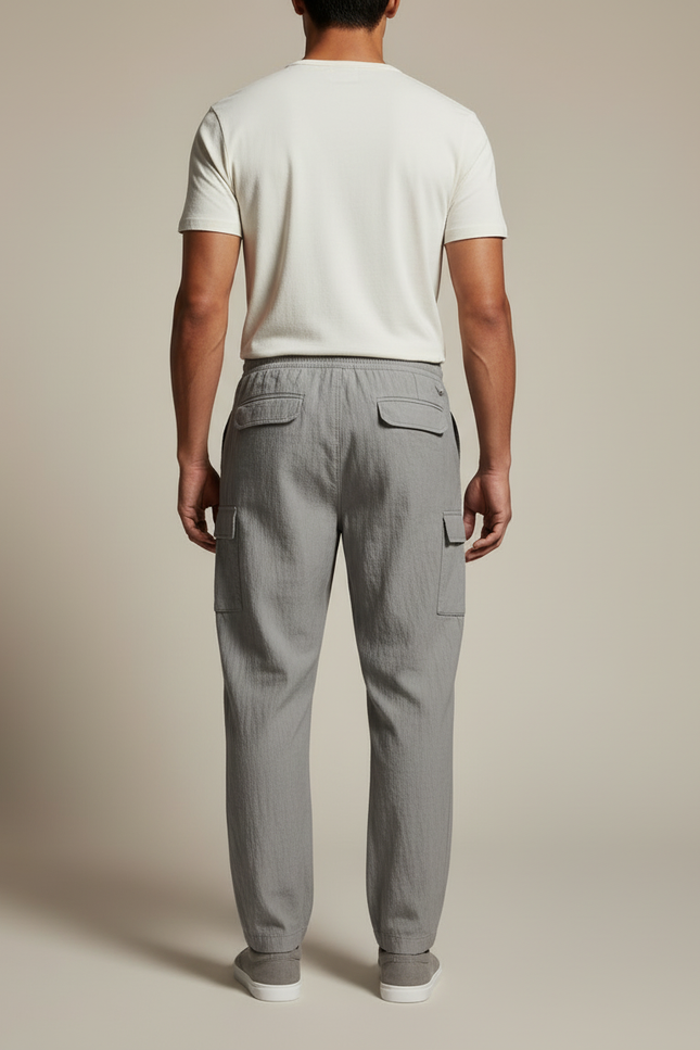 Pantalon Cargo Gris Léger Coton Décontracté Multipoches Cordon - vue 2