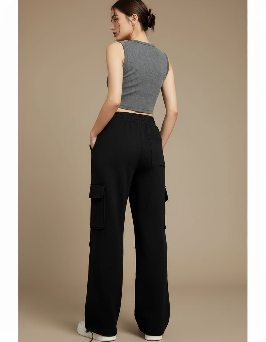 Pantalon Cargo Femme Noir Baggy Coton - Molleton - vue 2