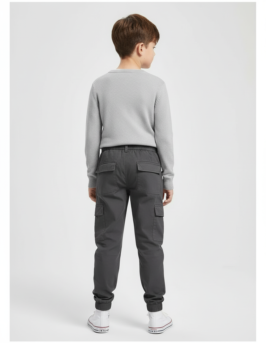 Pantalon Cargo Garçon Gris Coton Multipoches Décontracté - vue 2