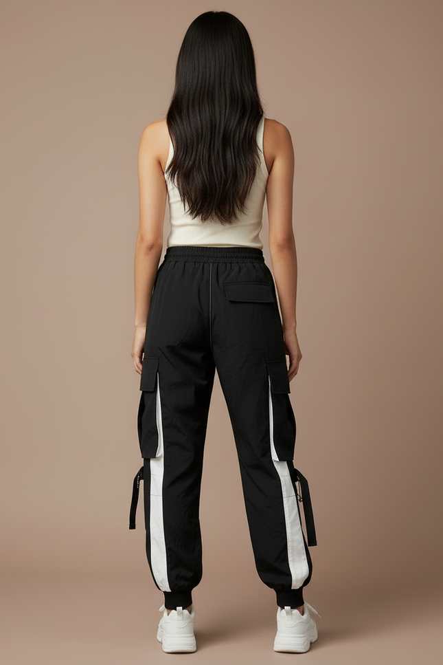 Pantalon Cargo Noir Blanc Ample Multipoches Streetwear Femme - Polyester - vue 2
