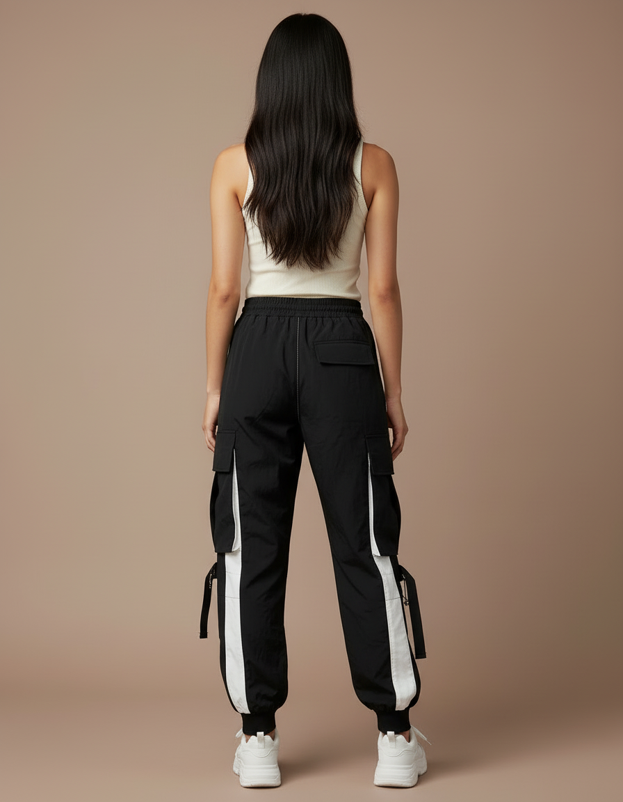 Pantalon Cargo Noir Blanc Ample Multipoches Streetwear Femme - Polyester - vue 2